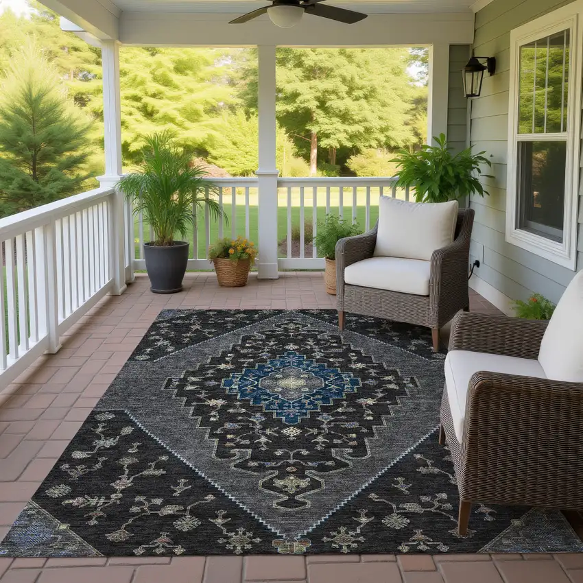 Black And Navy Blue Geometric Washable Indoor Outdoor Area Rug Photo 4