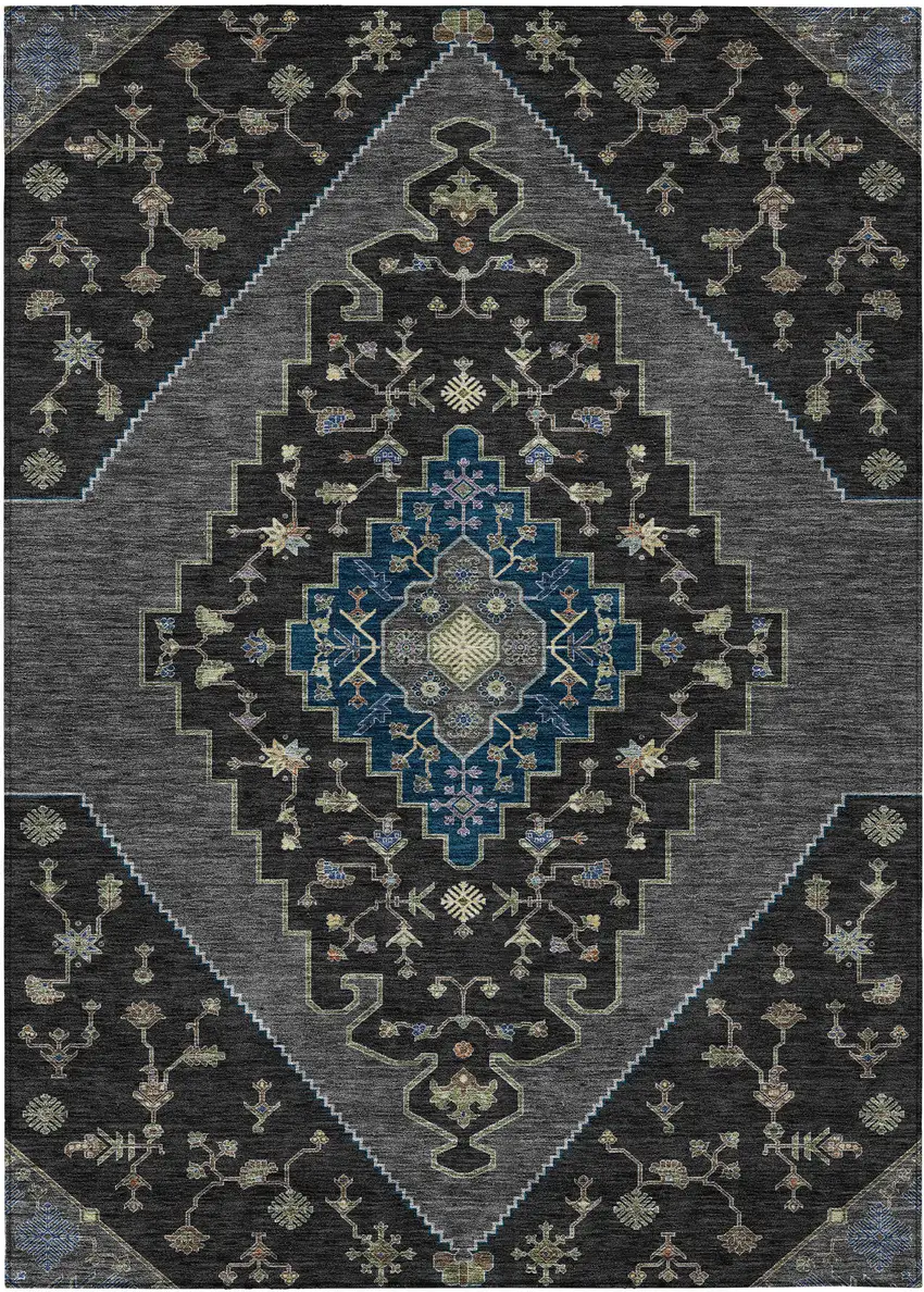 Black And Navy Blue Geometric Washable Indoor Outdoor Area Rug Photo 1