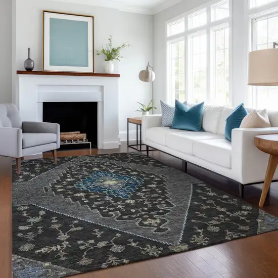 Black And Navy Blue Geometric Washable Indoor Outdoor Area Rug Photo 6