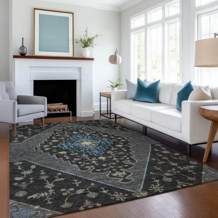 Black And Navy Blue Geometric Washable Indoor Outdoor Area Rug Photo 6