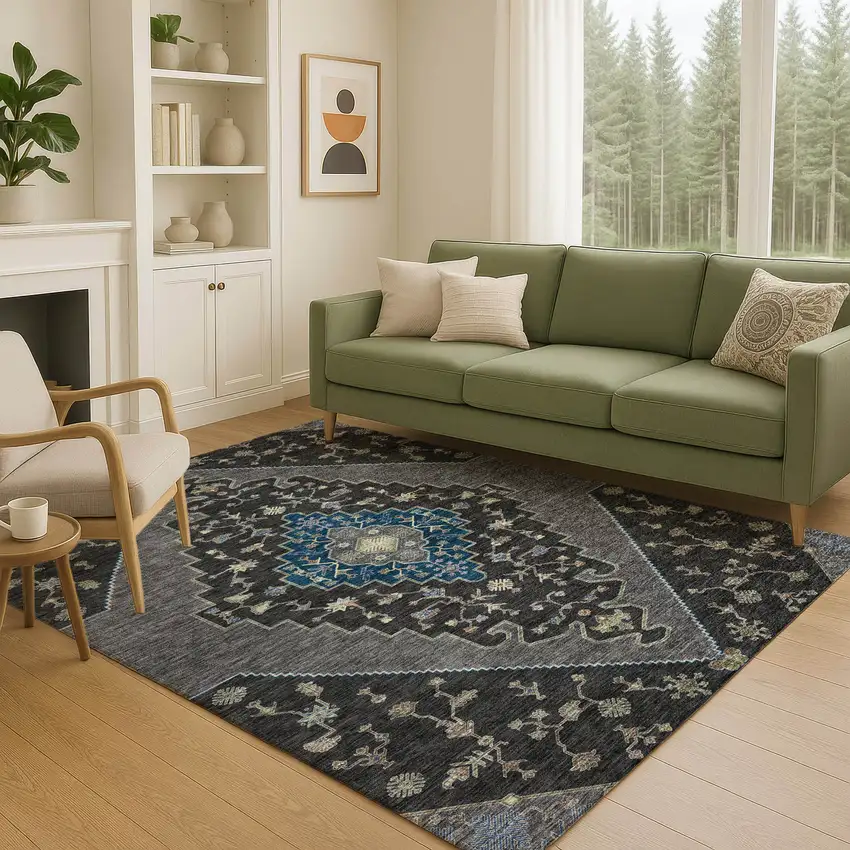 Black And Navy Blue Geometric Washable Indoor Outdoor Area Rug Photo 5