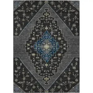 Photo of Black And Navy Blue Geometric Washable Indoor Outdoor Area Rug