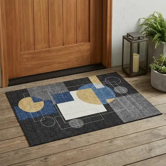 Black And Navy Blue Geometric Washable Indoor Outdoor Area Rug Photo 1