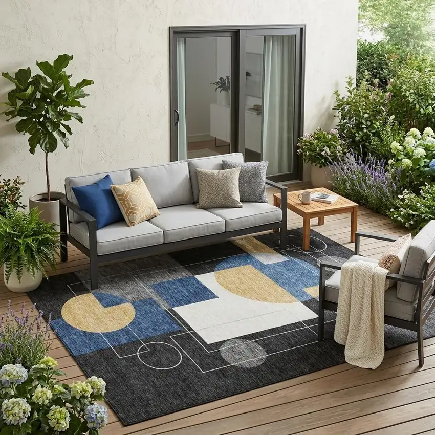 Black And Navy Blue Geometric Washable Indoor Outdoor Area Rug Photo 1