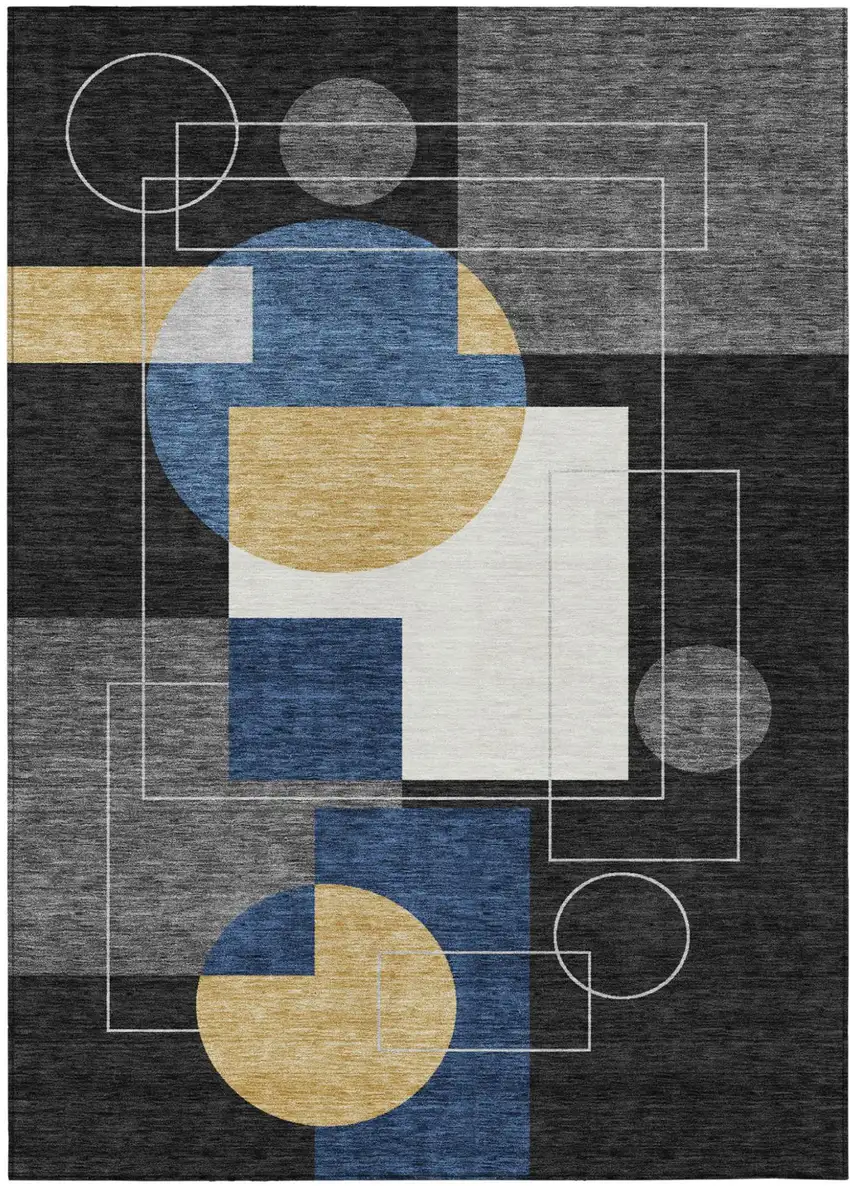 Black And Navy Blue Geometric Washable Indoor Outdoor Area Rug Photo 2