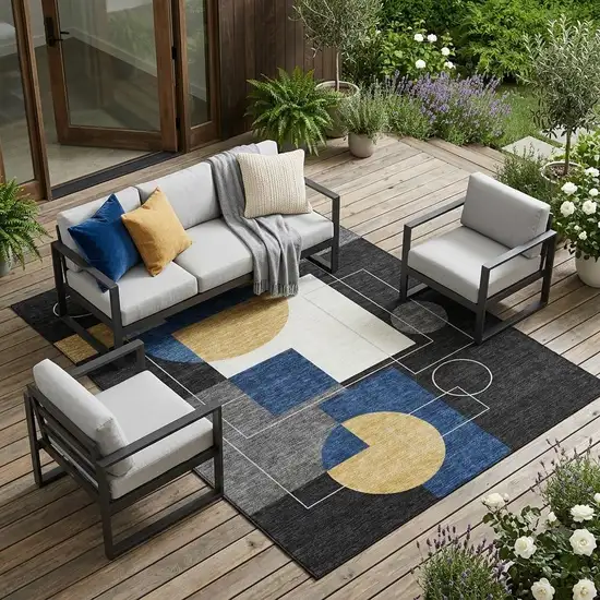 Black And Navy Blue Geometric Washable Indoor Outdoor Area Rug Photo 1