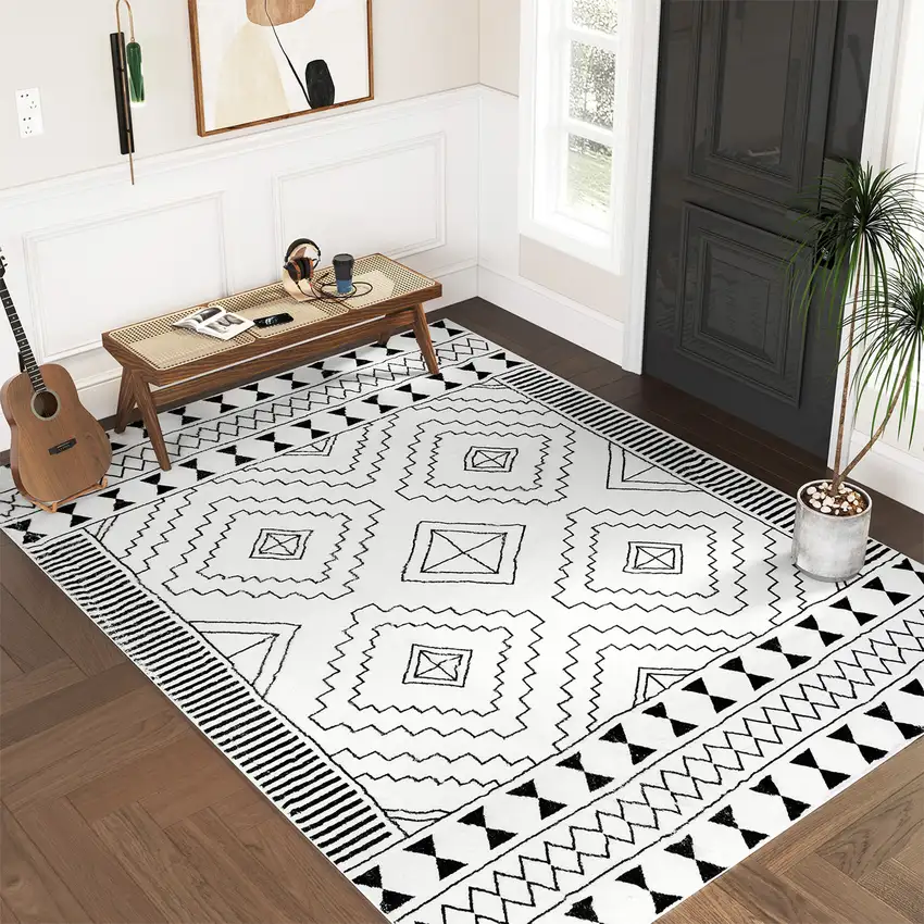 Black And Off White Geometric Area Rug Photo 8