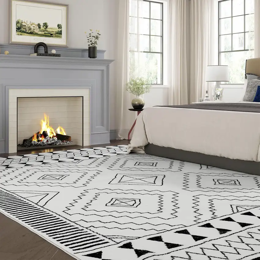 Black And Off White Geometric Area Rug Photo 6