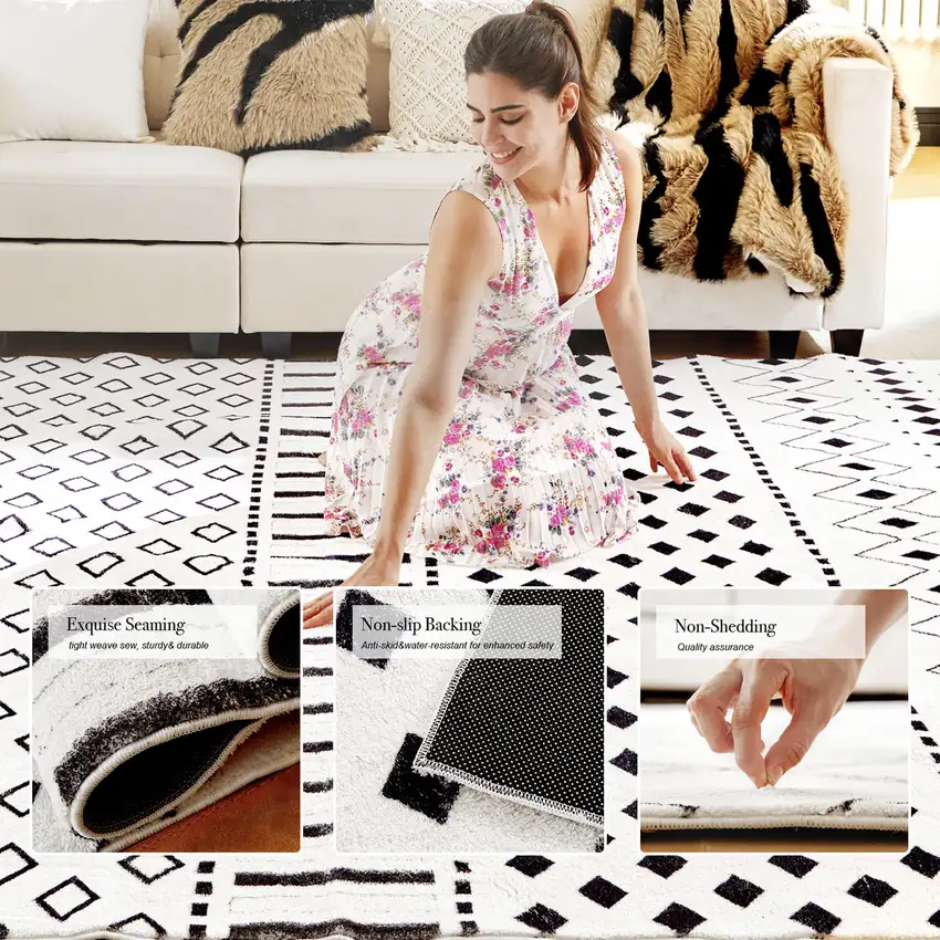 Black And Off White Geometric Area Rug Photo 8