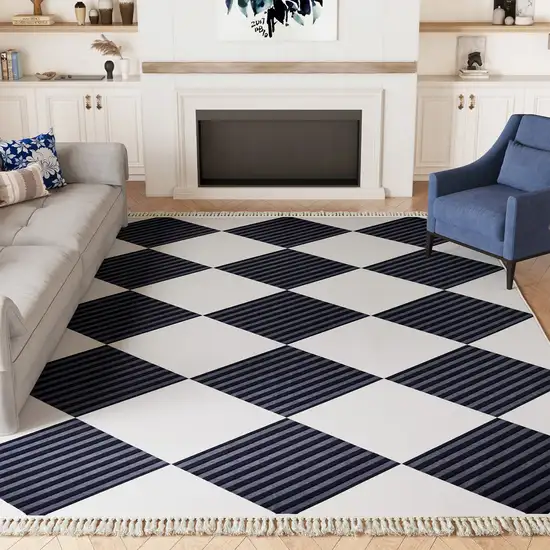 Black And Off White Geometric Washable Area Rug With Fringe Photo 5