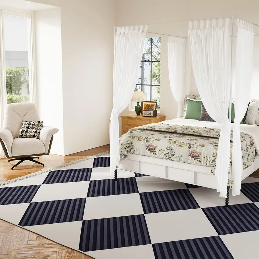 Black And Off White Geometric Washable Area Rug With Fringe Photo 6