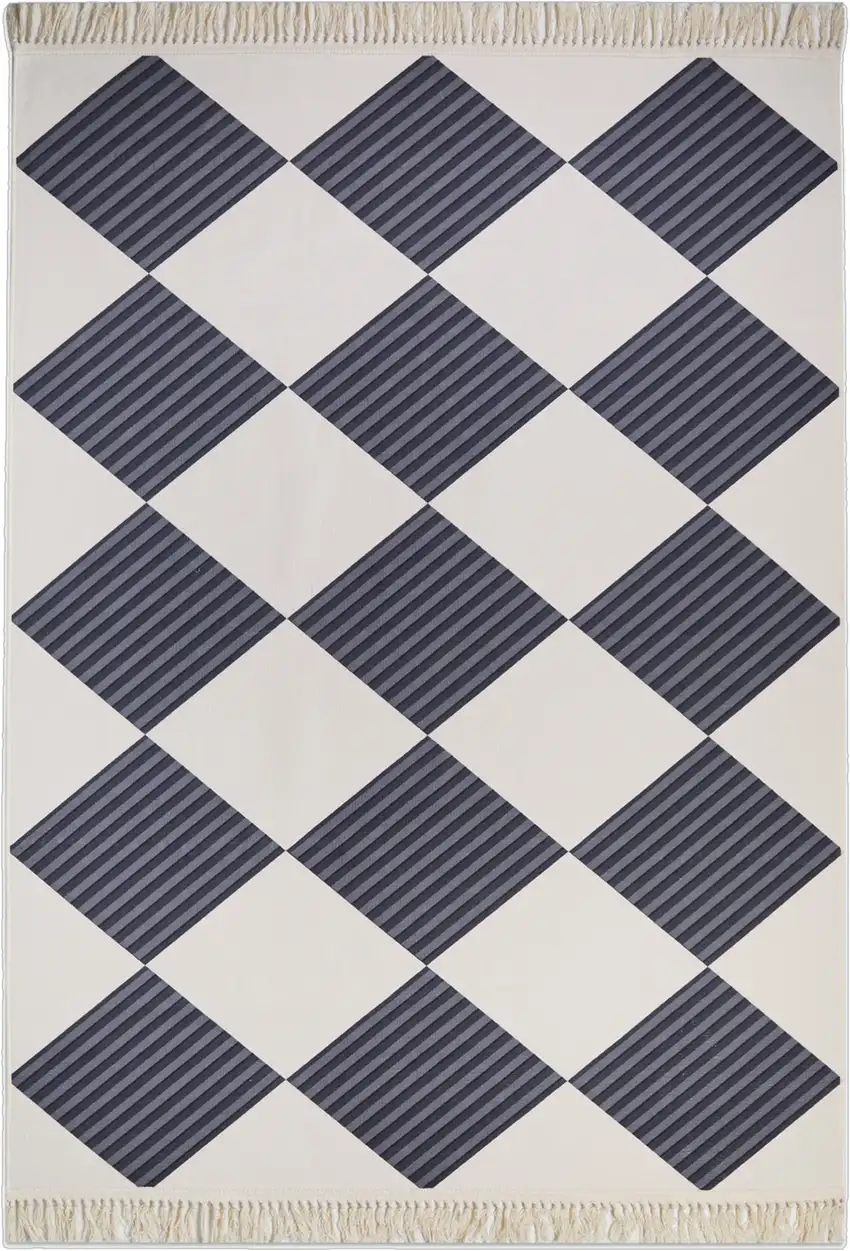 Black And Off White Geometric Washable Area Rug With Fringe Photo 2