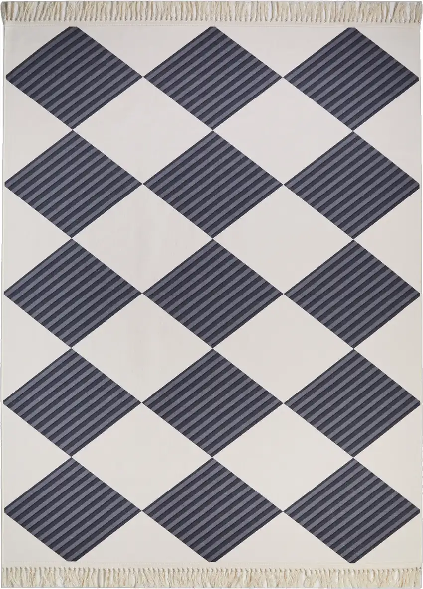 Black And Off White Geometric Washable Area Rug With Fringe Photo 2