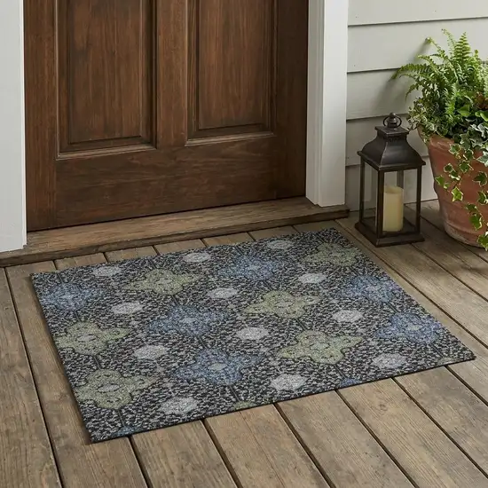 Black And Olive Green Damask Washable Indoor Outdoor Area Rug Photo 1
