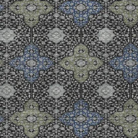 Black And Olive Green Damask Washable Indoor Outdoor Area Rug Photo 3