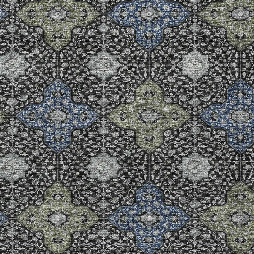 Black And Olive Green Damask Washable Indoor Outdoor Area Rug Photo 3