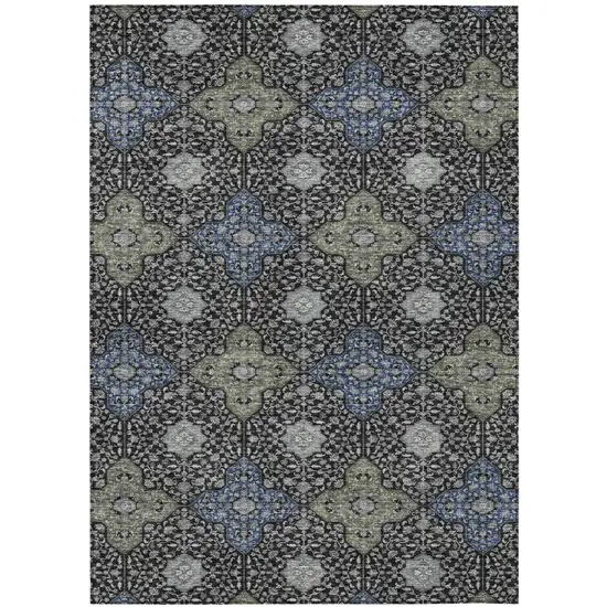 Black And Olive Green Damask Washable Indoor Outdoor Area Rug Photo 2