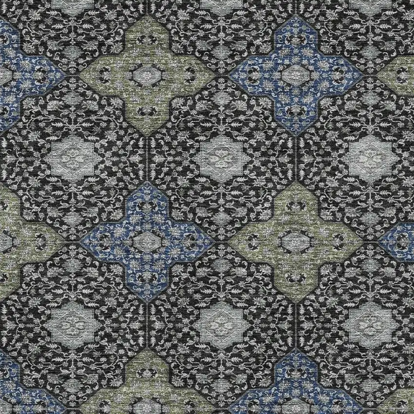 Black And Olive Green Damask Washable Indoor Outdoor Area Rug Photo 3