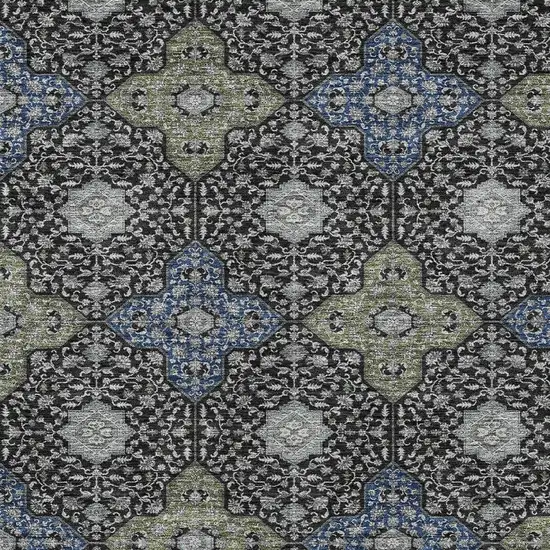 Black And Olive Green Damask Washable Indoor Outdoor Area Rug Photo 3
