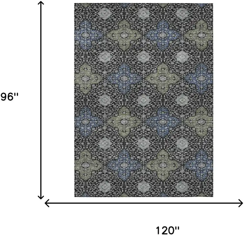 Black And Olive Green Damask Washable Indoor Outdoor Area Rug Photo 7