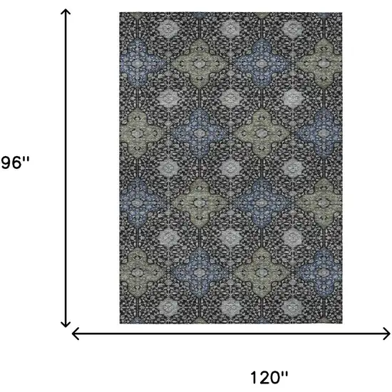 Black And Olive Green Damask Washable Indoor Outdoor Area Rug Photo 7