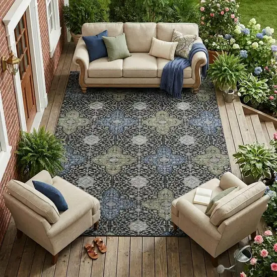 Black And Olive Green Damask Washable Indoor Outdoor Area Rug Photo 1