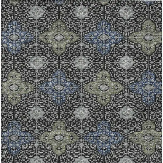 Black And Olive Green Damask Washable Indoor Outdoor Area Rug Photo 4