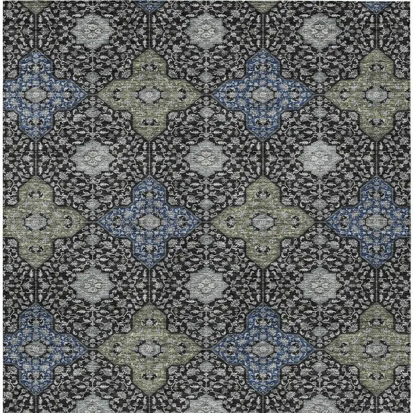 Black And Olive Green Damask Washable Indoor Outdoor Area Rug Photo 4