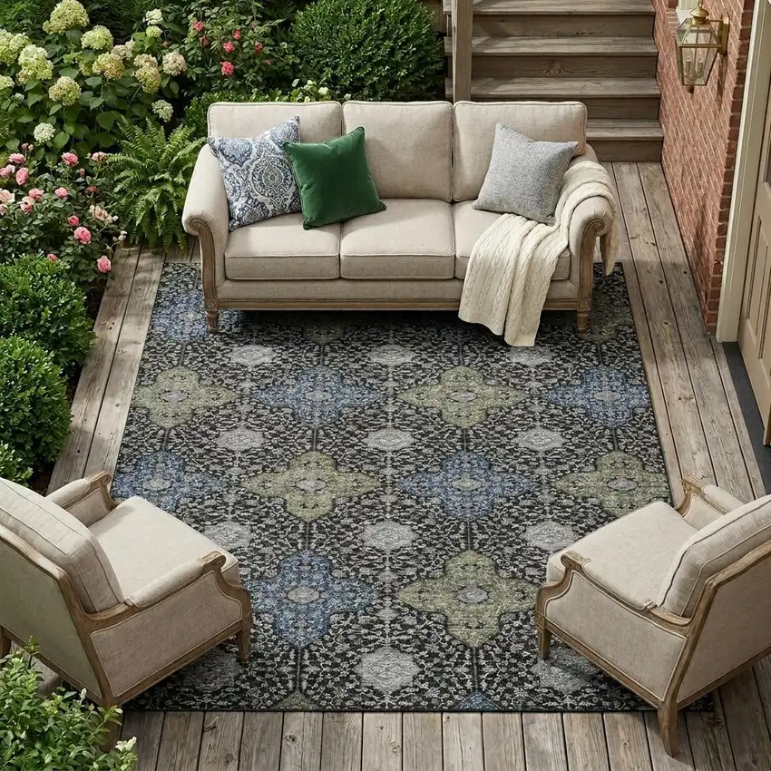 Black And Olive Green Damask Washable Indoor Outdoor Area Rug Photo 1