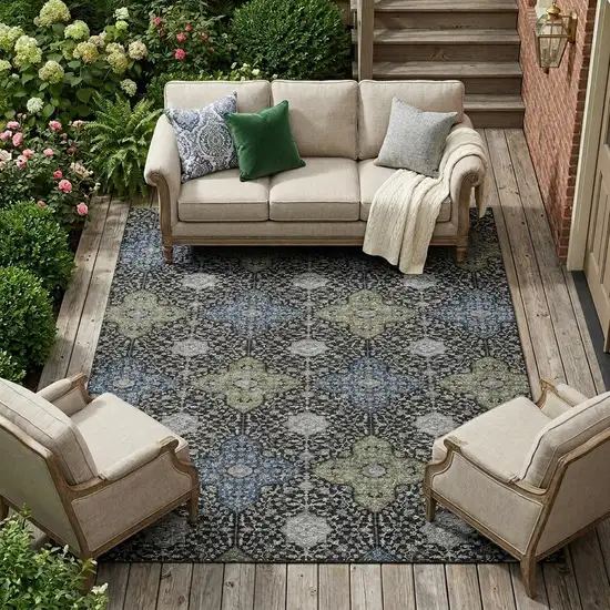 Black And Olive Green Damask Washable Indoor Outdoor Area Rug Photo 1