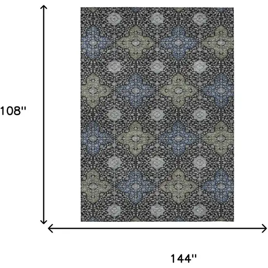 Black And Olive Green Damask Washable Indoor Outdoor Area Rug Photo 7