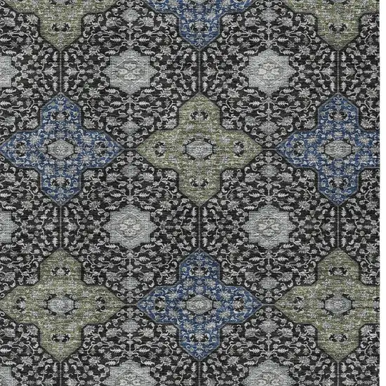 Black And Olive Green Damask Washable Indoor Outdoor Area Rug Photo 3