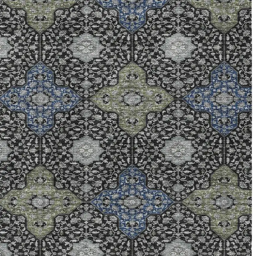 Black And Olive Green Damask Washable Indoor Outdoor Area Rug Photo 3