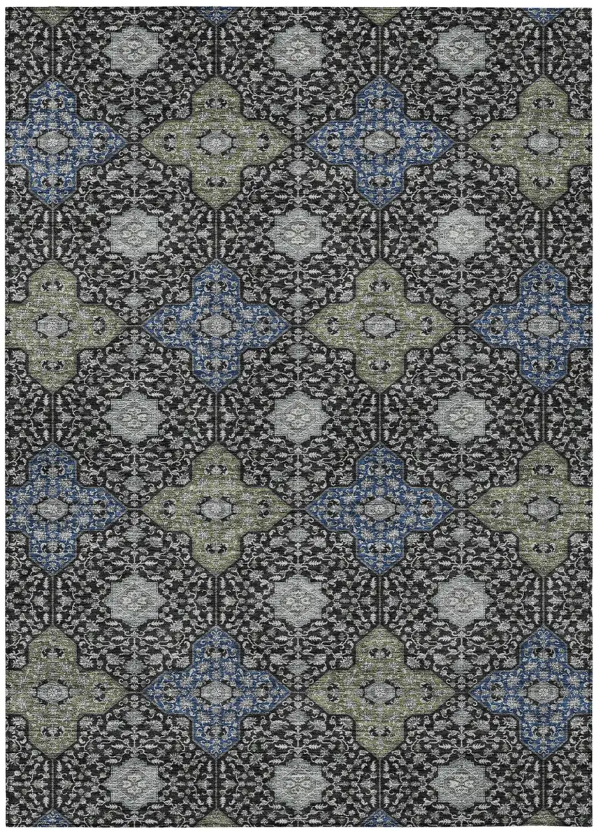 Black And Olive Green Damask Washable Indoor Outdoor Area Rug Photo 2