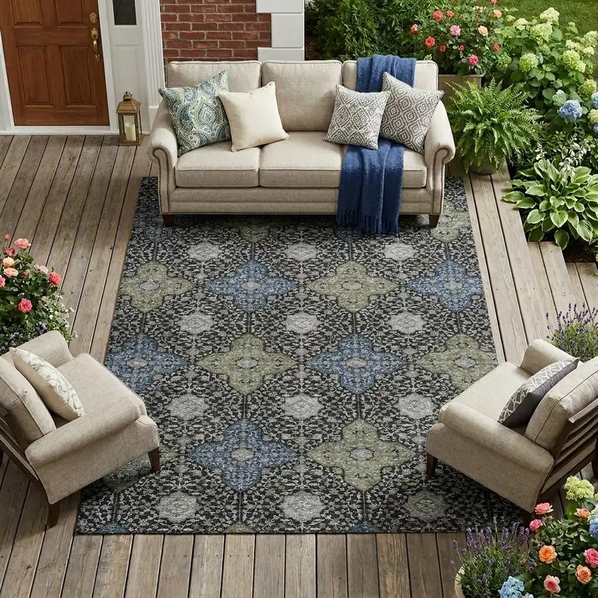 Black And Olive Green Damask Washable Indoor Outdoor Area Rug Photo 1