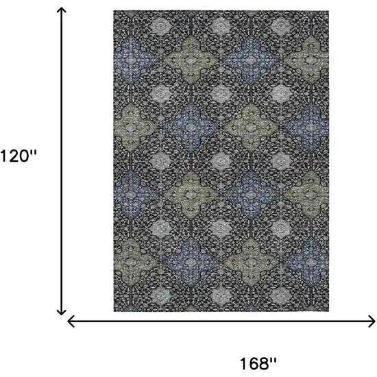 Black And Olive Green Damask Washable Indoor Outdoor Area Rug Photo 7