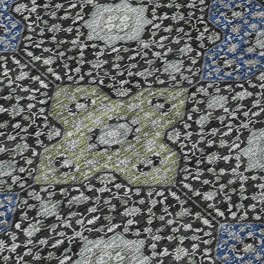 Black And Olive Green Damask Washable Indoor Outdoor Area Rug Photo 6