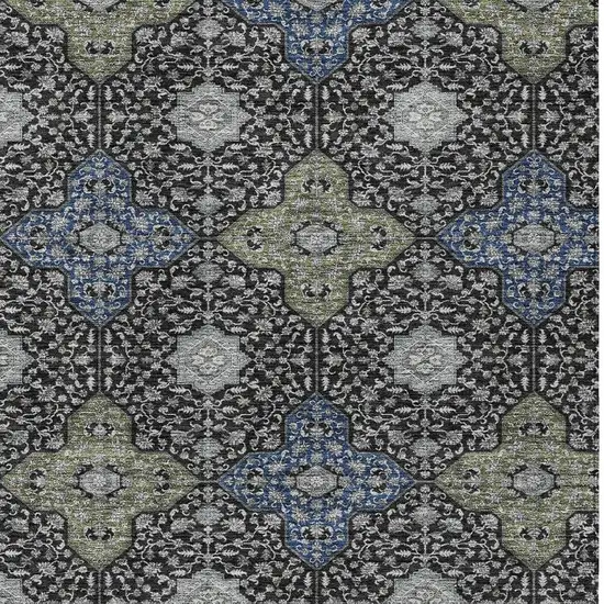 Black And Olive Green Damask Washable Indoor Outdoor Area Rug Photo 3
