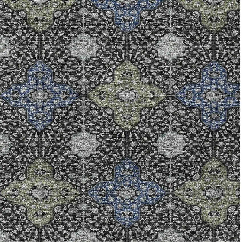 Black And Olive Green Damask Washable Indoor Outdoor Area Rug Photo 3