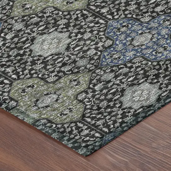 Black And Olive Green Damask Washable Indoor Outdoor Area Rug Photo 5