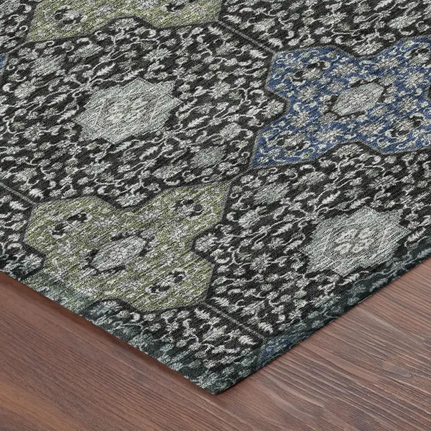 Black And Olive Green Damask Washable Indoor Outdoor Area Rug Photo 5