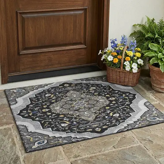 Black And Orange Medallion Washable Indoor Outdoor Area Rug Photo 1