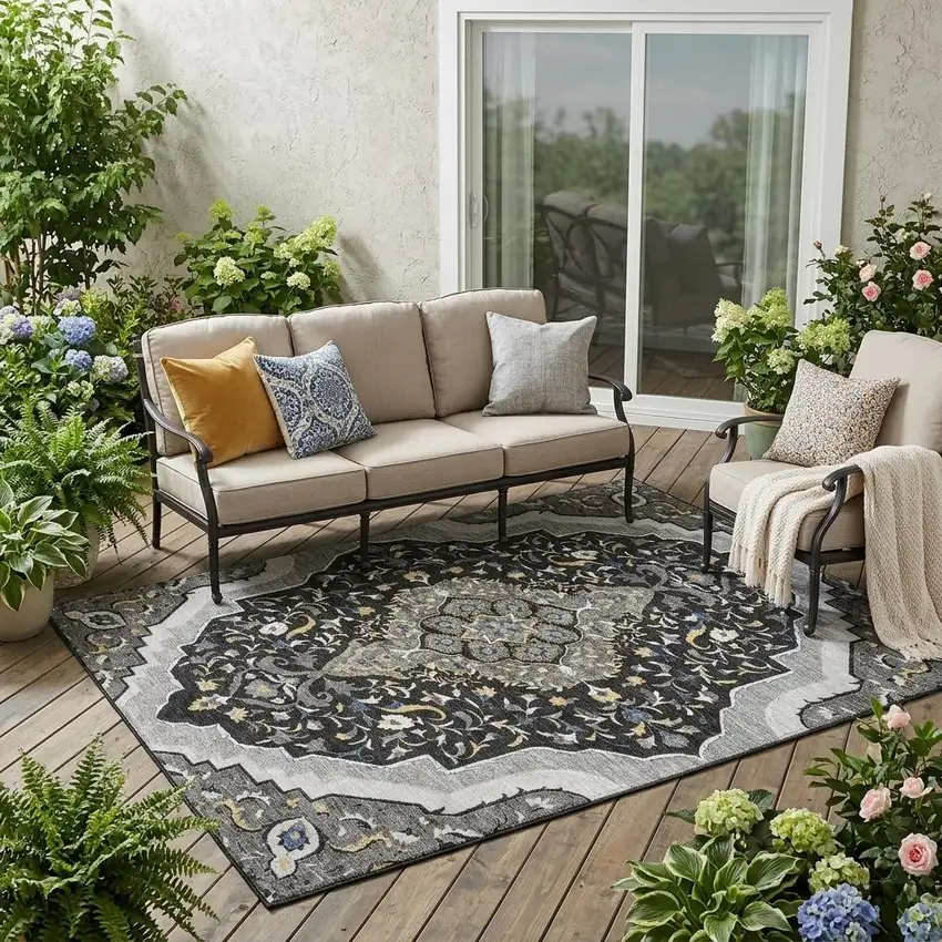 Black And Orange Medallion Washable Indoor Outdoor Area Rug Photo 1