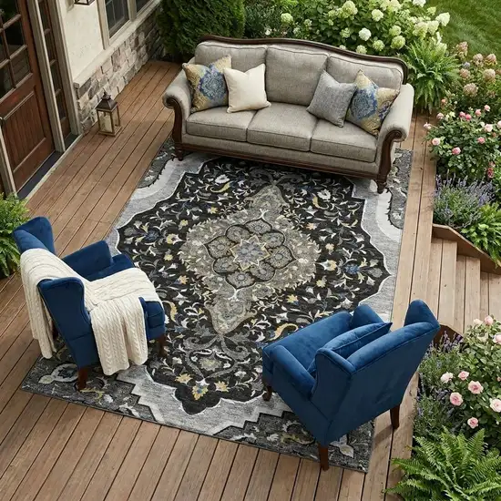Black And Orange Medallion Washable Indoor Outdoor Area Rug Photo 1