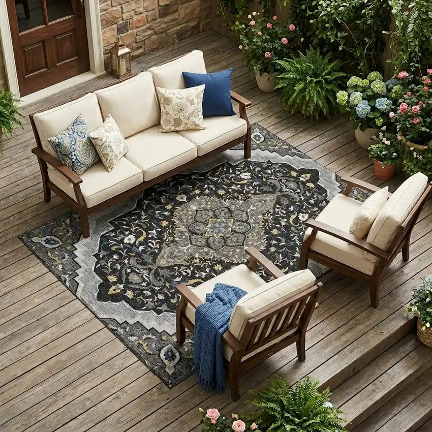 Black And Orange Medallion Washable Indoor Outdoor Area Rug Photo 1