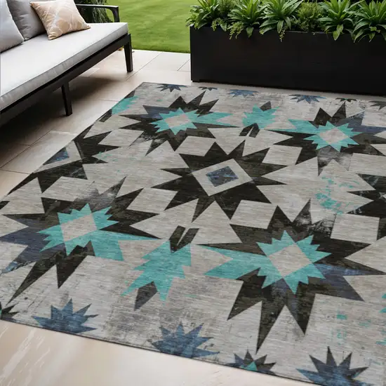 Black And Pale Aqua Aztec Washable Indoor Outdoor Area Rug Photo 2