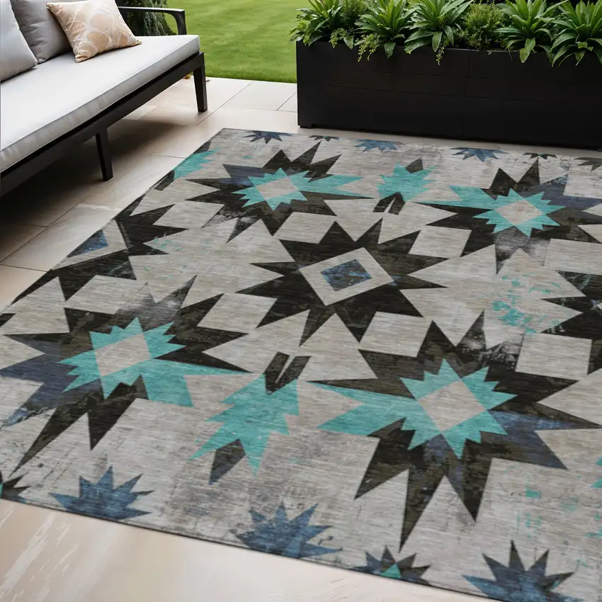 Black And Pale Aqua Aztec Washable Indoor Outdoor Area Rug Photo 2