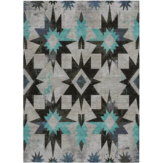 Black And Pale Aqua Aztec Washable Indoor Outdoor Area Rug Photo 3