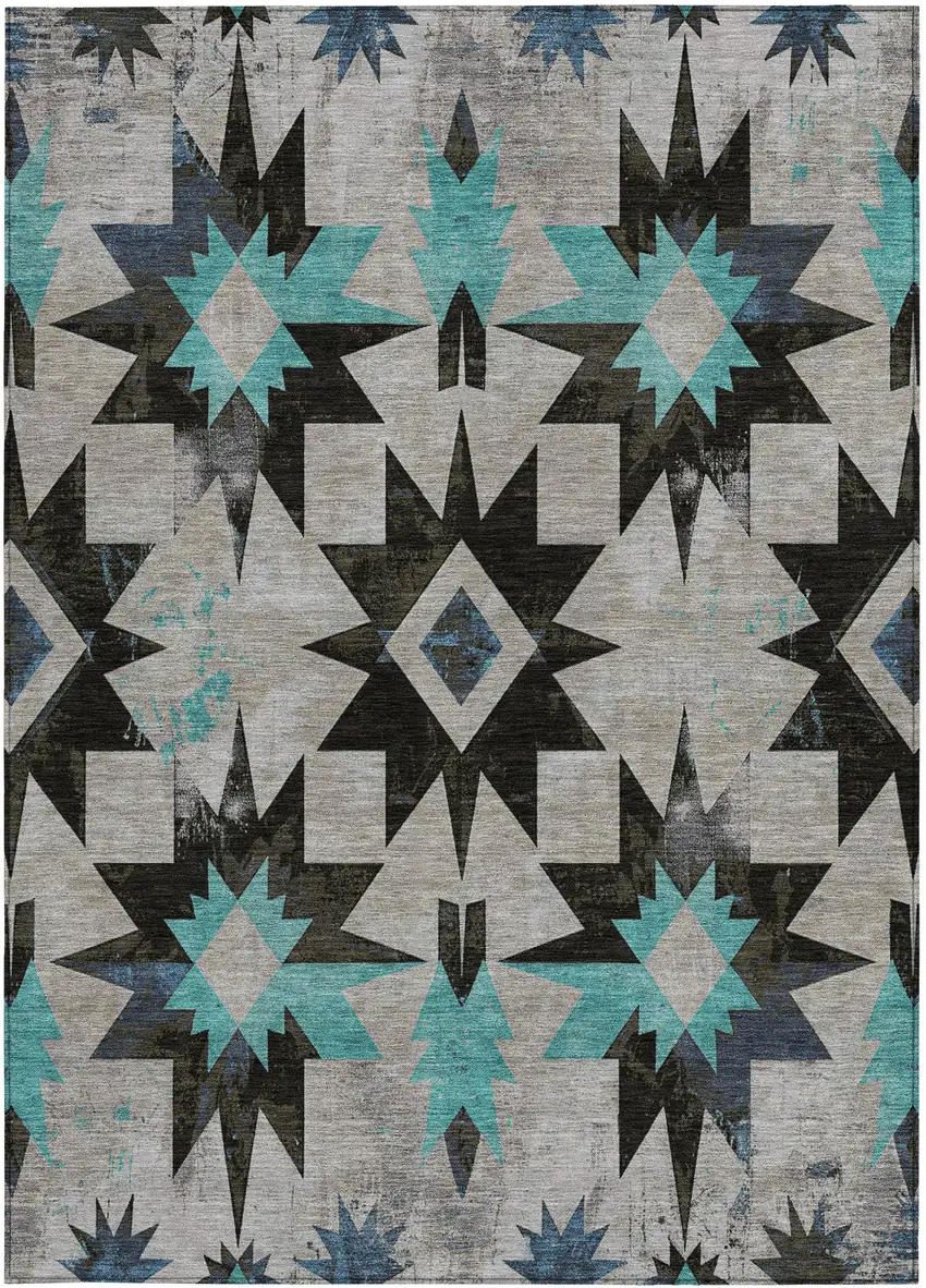 Black And Pale Aqua Aztec Washable Indoor Outdoor Area Rug Photo 3