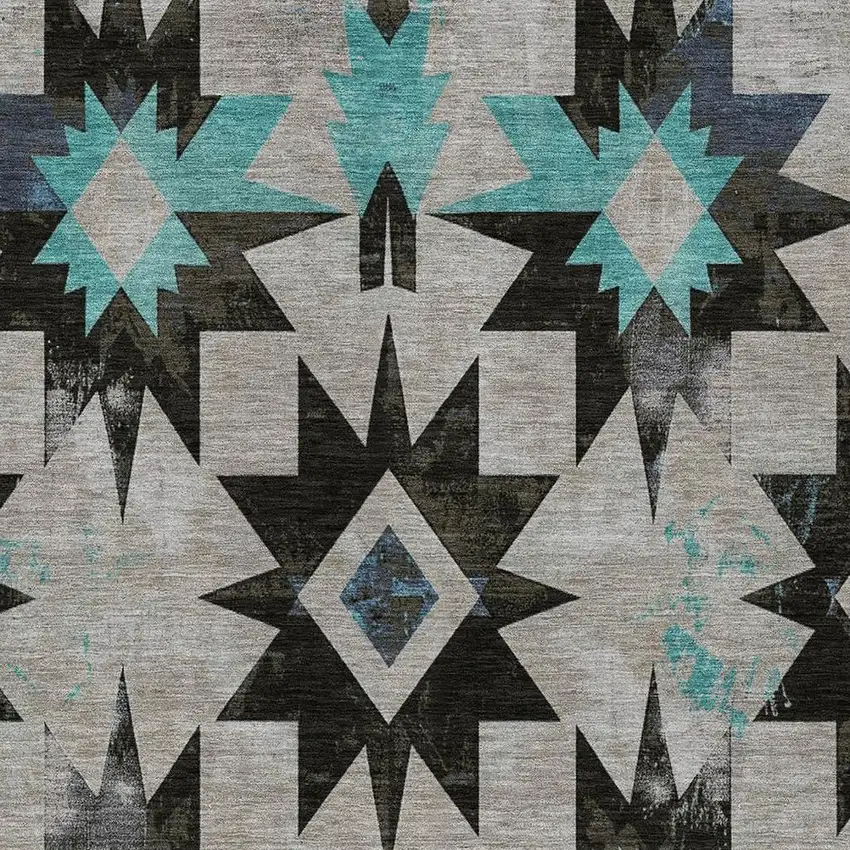 Black And Pale Aqua Aztec Washable Indoor Outdoor Area Rug Photo 4
